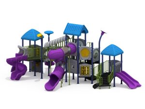 Outdoor playground set from kidsventureplaygrounds classic series, With blue roof and purple slides, climber and interactive play elements. Best for kids age 2 to 12 years old.