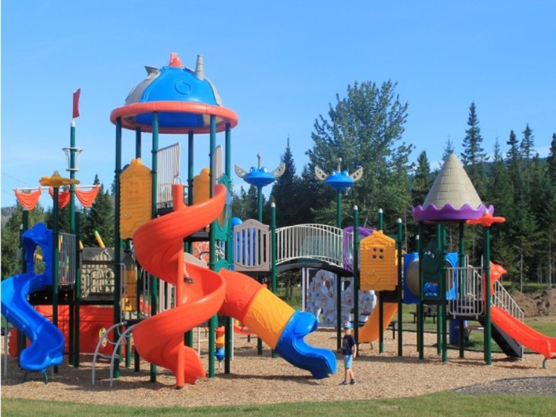 Castle-themed outdoor playground with colourful slides and climbing structures set in a forested park in Western Canada.