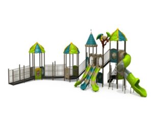 Treetop Tropics inclusive outdoor playground by KidsVenture features ADA-accessible ramps, three open parallel slides for racing, an enclosed spiral slide for older kids, and an arch climber that builds strength and coordination. Bright green and blue colors complement the nature tree theme for a vibrant play experience.