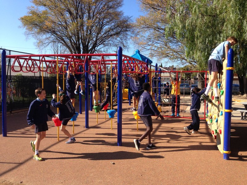 This custom-designed playground was created for an elementary school in Sydney, Australia, with a perfect balance of fun for all age groups. It features a variety of upper body challenges like monkey bars, a climbing wall, and several net climbers. We also included one of our signature KidsVenture play structures. Bright blue posts paired with bold red frames and rings give the space a vibrant, energetic feel. The main play structure extends the blue theme with a matching roof, yellow railings, and two slides — one open and one fully enclosed. The playground is built to engage kids from ages 2 to 12. Younger children can enjoy climbing and crawling on the play structure, while older kids can test their strength and coordination on the monkey bars and climbing wall. This photo captures those key features in action.