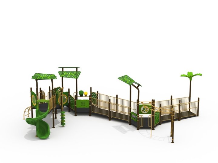 Kidsventure's inclusive outdoor playground series is one the best affordable inclusive outdoor playground equipment in the industry. With multiple sections of ramp for wheelchair access. Also comes with wheelchair accessible deck. We also designed some ground level interactive play elements and traditional slides as well.