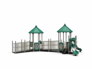 Inclusive ramp playground - The Twin Drop offers double the fun with two side-by-side slides that let kids race and play together. Wide ramps and shaded towers provide ADA accessibility and cool gathering spaces for children of all abilities. Interactive panels and climbing features promote coordination, balance, and imaginative play. Designed for schools, parks, and community areas, it combines active adventure with inclusive design.